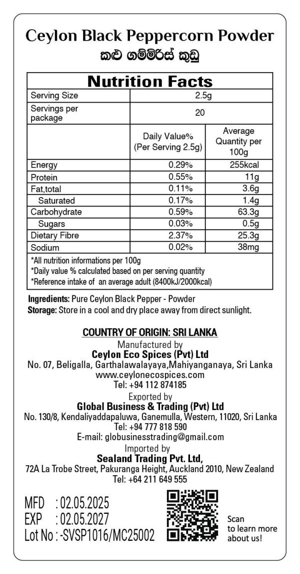 MeCeylon Black Pepper Powder in Stand up Pouch 50g Back