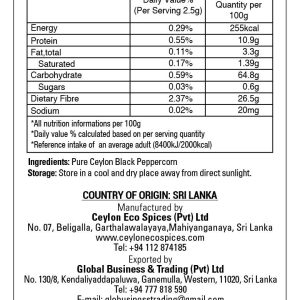 MeCeylon Black Pepper Whole Stand up Pouch 50g Back