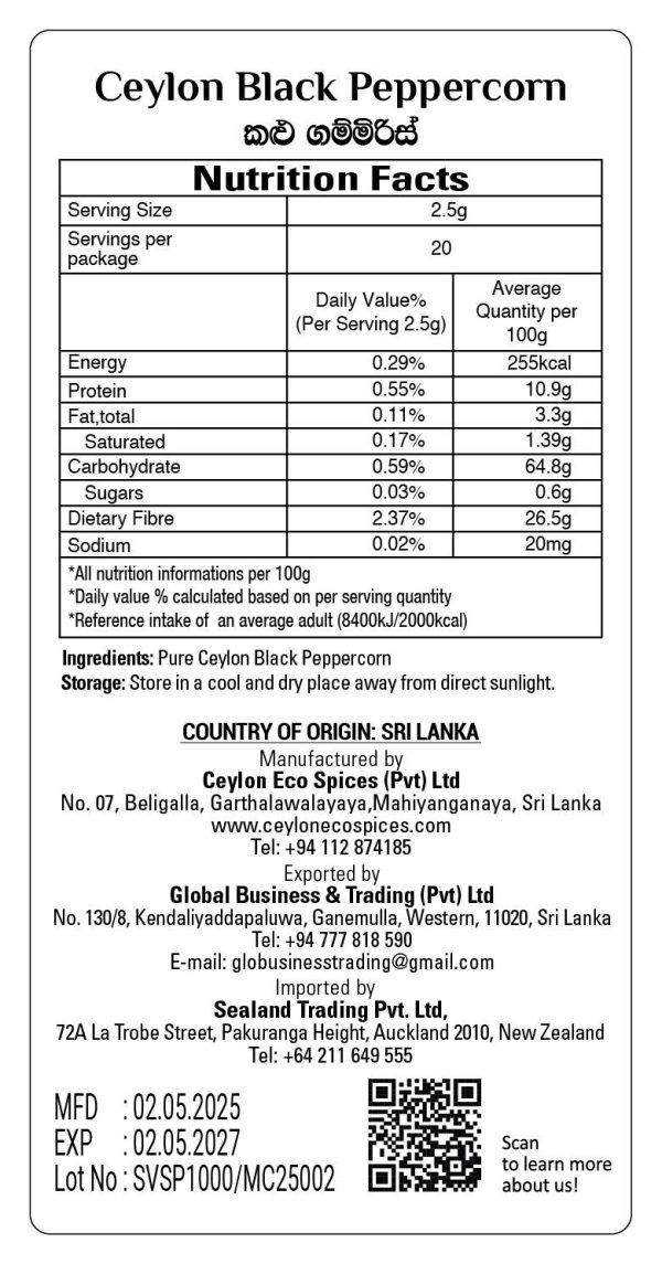 MeCeylon Black Pepper Whole Stand up Pouch 50g Back